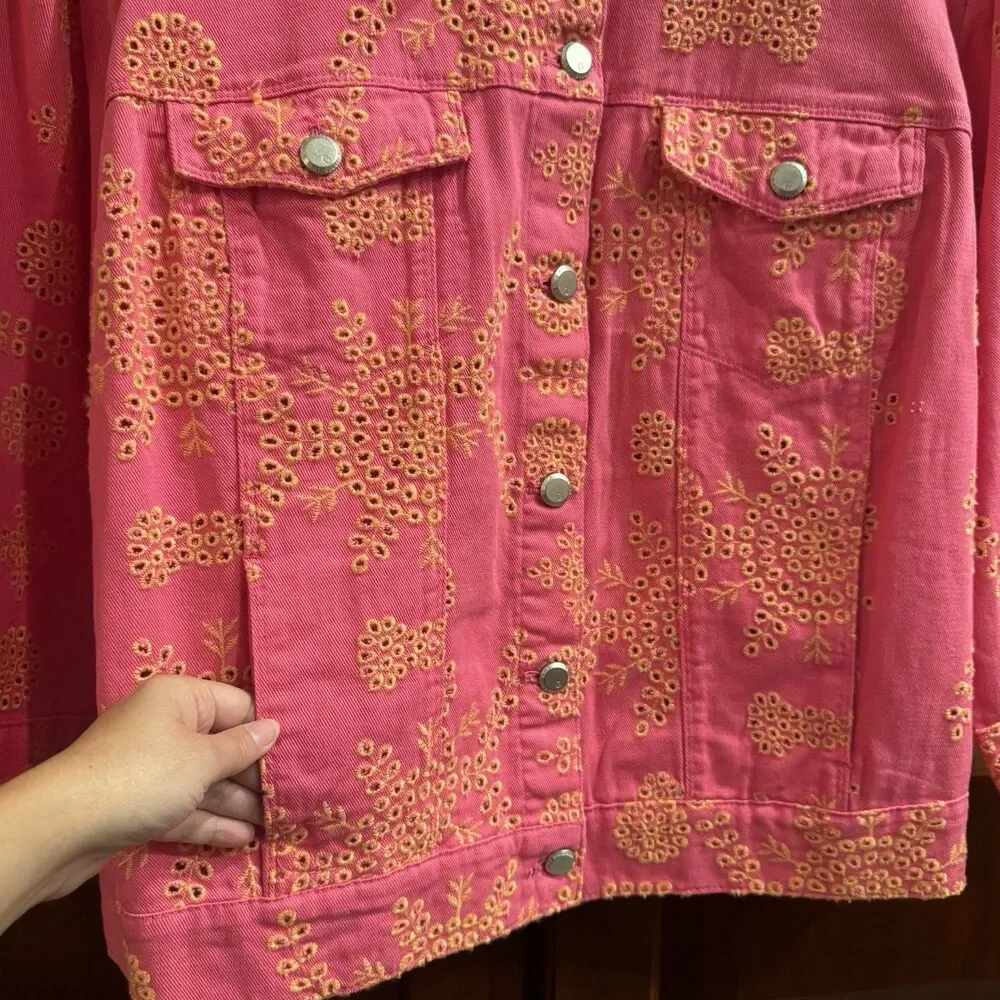 G by Giuliana Women's Black Label Puff-Sleeve Eyelet Jean Jacket Magenta Size 1X